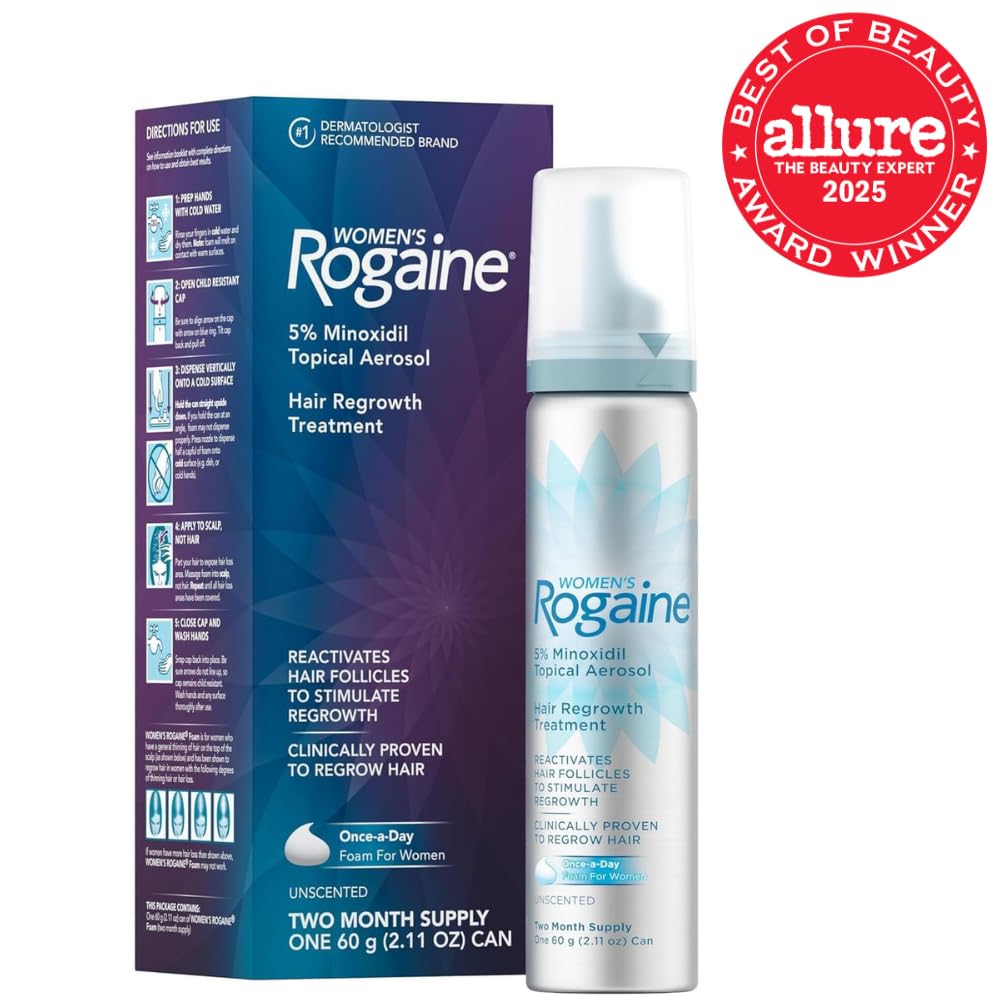 HotRogaine 5% Minoxidil Foam, Topical Once-A-Day Hair Loss Treatment for Women to Regrow Fuller, Thicker Hair, Unscented, 2-Month Supply, 2.11 oz