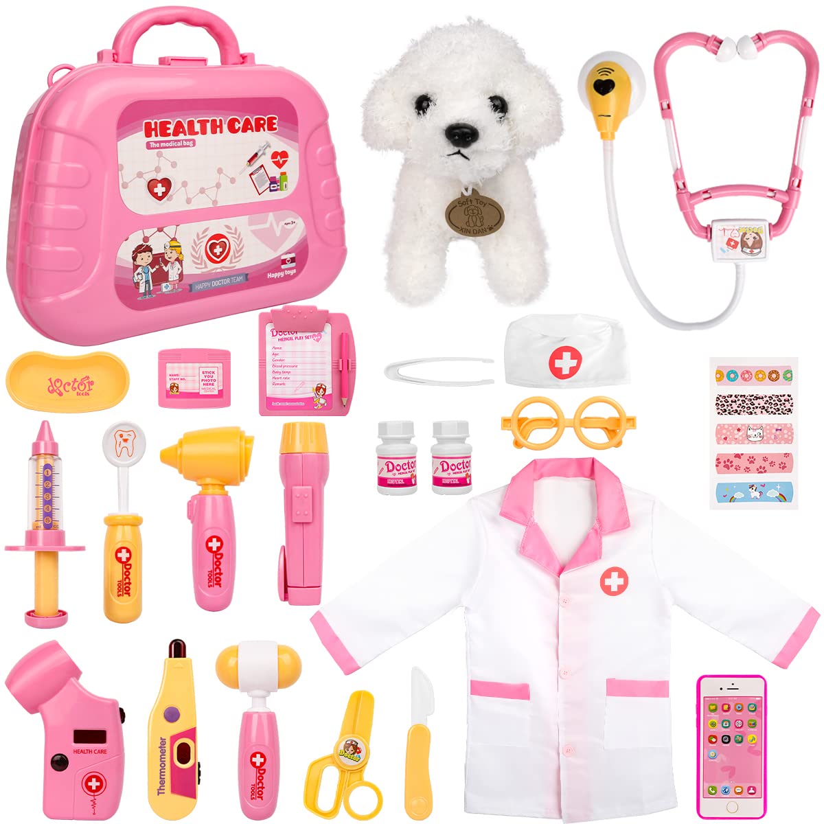 HotMeland Toy Doctor Kit for Girls, Pretend Play Toy Doctor Set with Dog , Carrying Bag, Stethoscope & Dress Up Costume Gift for Kids Toddlers Ages 3 4 5 6 Year Old for Role Play