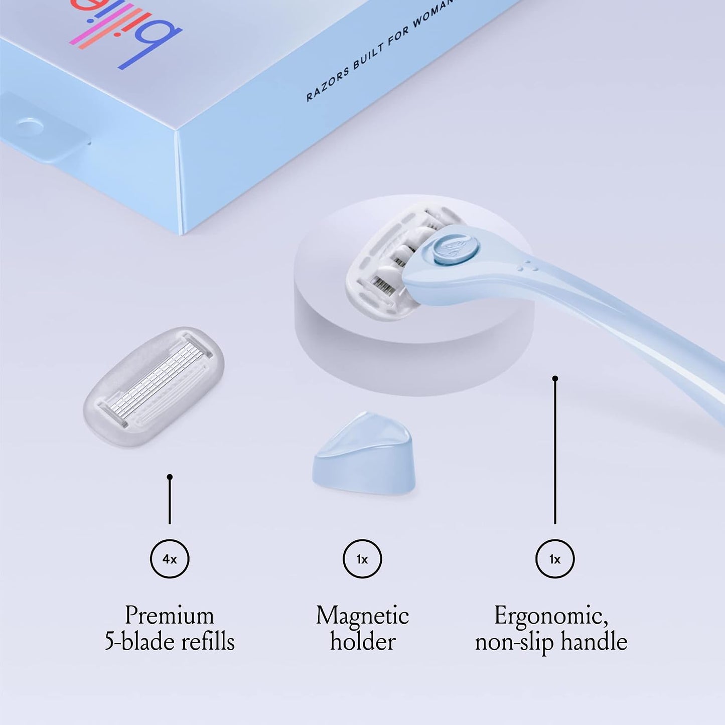 HotBillie Razors for Women Shave Kit – Women’s Razor + 4 x 5-Blade Razor Refills + Magnetic Holder – Cool Blue