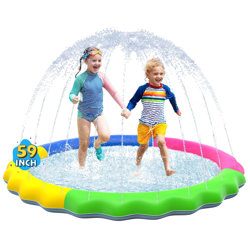 HotVISTOP Non-Slip Splash Pad for Kids and Dog, Thicken Sprinkler Pool Summer Outdoor Water Toys - Fun Backyard Fountain Play Mat for Baby Girls Boys Children or Pet Dog (59 inch, Blue&Blue)