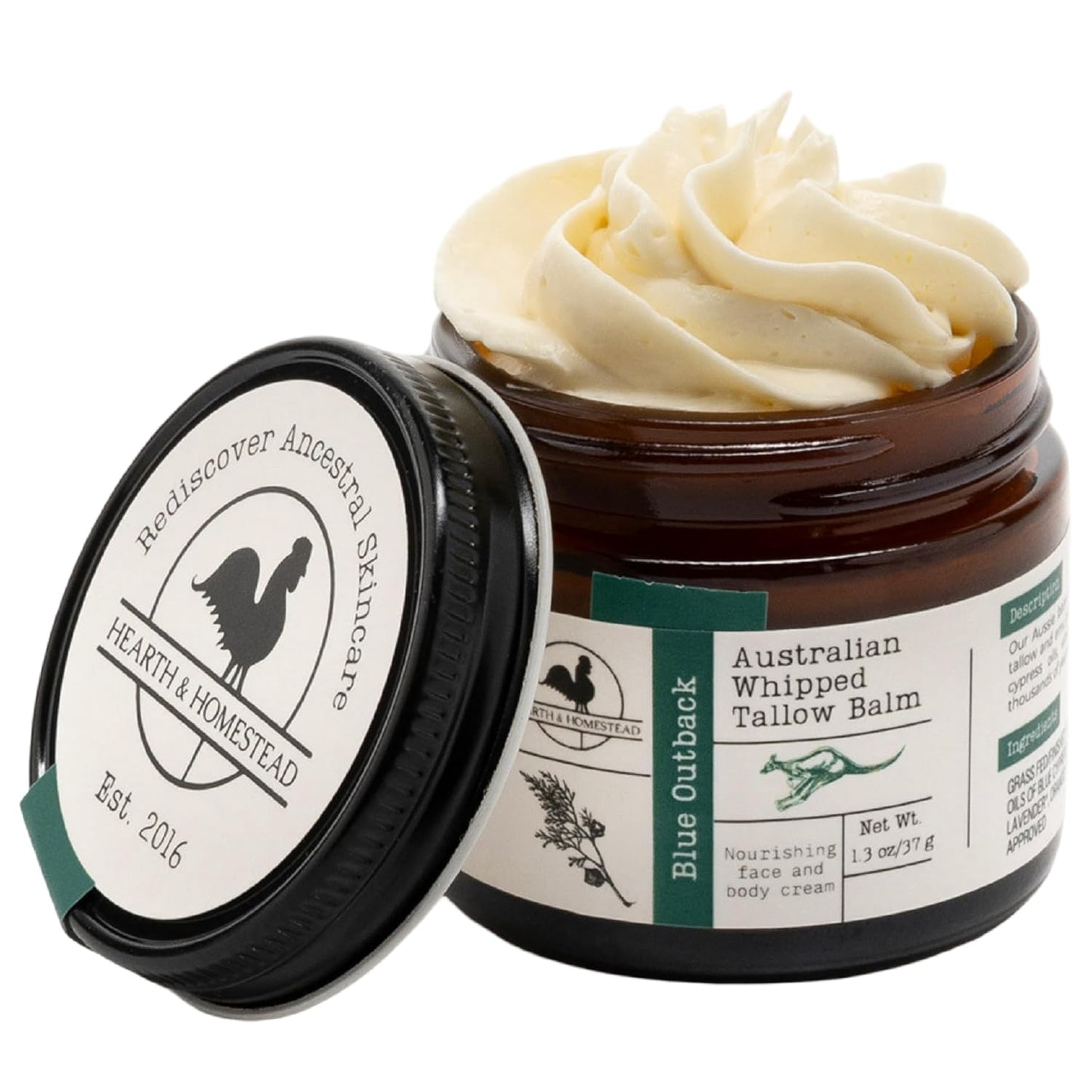 HotHearth & Homestead Whipped Beef Tallow for Skin & Face - 100% Grass Fed, Eczema Cream & Body Butter - Organic Olive Oil, Calendula & Rose - Lotion & Hand Moisturizer for Dry Skin, Unscented, 1.3oz