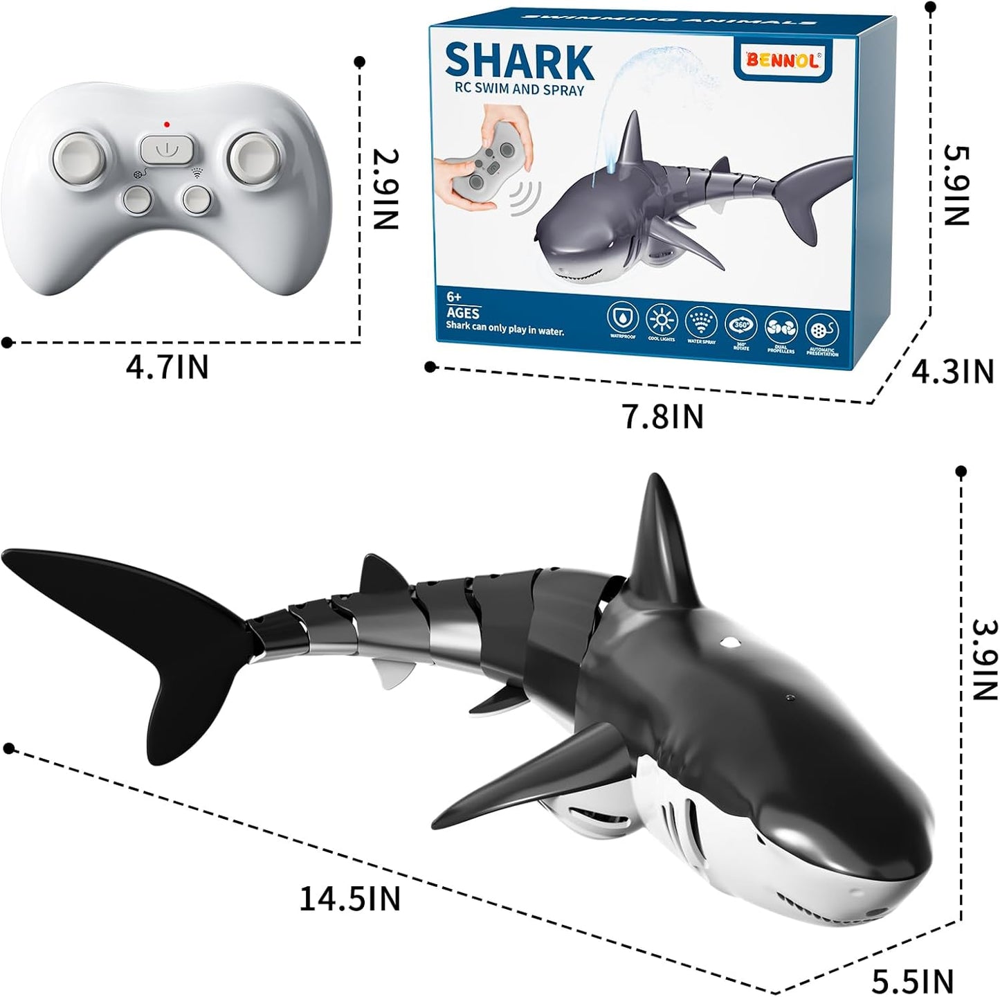 HotBennol 2.4Ghz Remote Control Shark Toys for Boys Kids, 1:18 Scale High Simulation Shark for Pool, Electric RC Sharks Fish Toys with Light & Spray Water Function for 6 7 8 9 Year olds Kid Boys