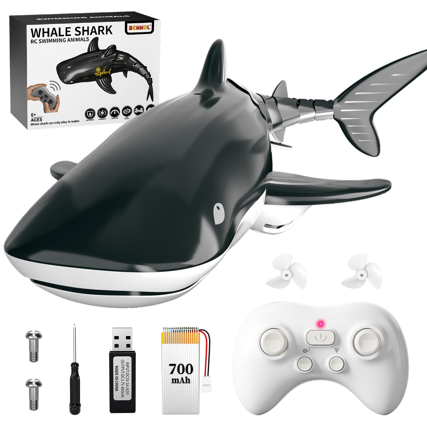 HotBennol 2.4Ghz Remote Control Shark Toys for Boys Kids, 1:18 Scale High Simulation Shark for Pool, Electric RC Sharks Fish Toys with Light & Spray Water Function for 6 7 8 9 Year olds Kid Boys
