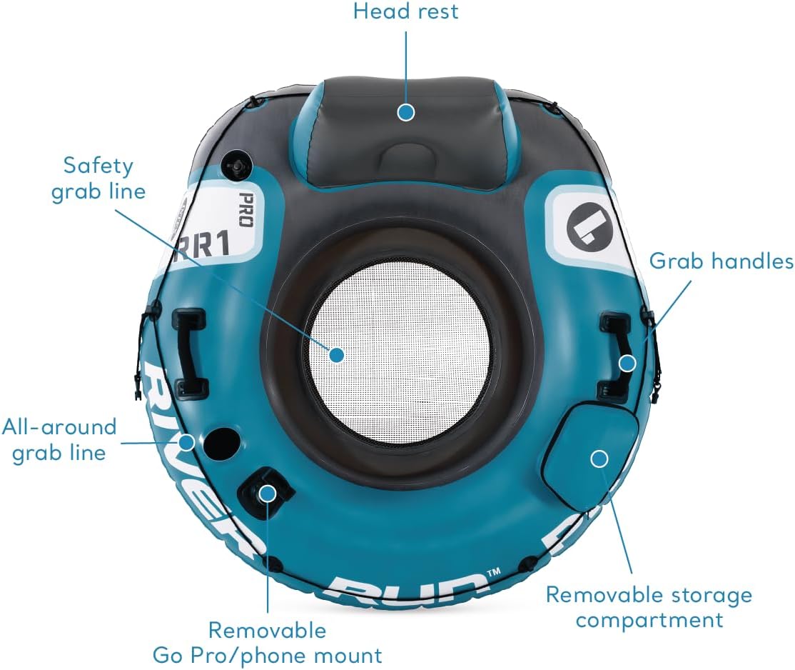 HotINTEX 56843EP River Run 1 Pro Inflatable Floating Lounge: GoPro/Phone Mount – Built-in Cup Holder and Storage Compartment – Durable Grab Handles – Easy-to-Use Connectors – 220lb Weight Capacity