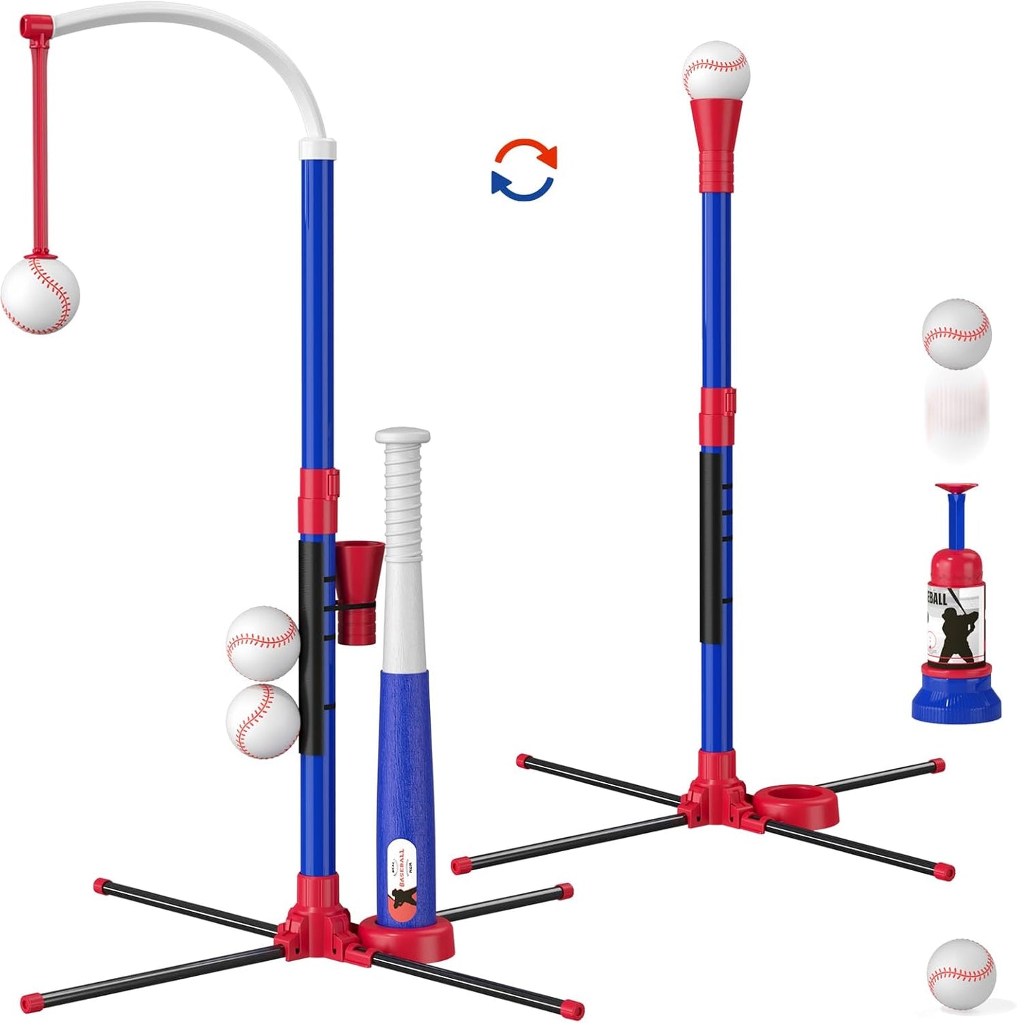 HotHYES 3-in-1 Baseball Set for Kids 3-5 - Tee Ball Stand, Hanging Tee, Ball Launcher and 6 Softballs - Adjustable Height, Indoor/Outdoor Sport Gifts for Boys Girls