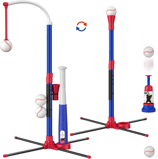 HotHYES 3-in-1 Baseball Set for Kids 3-5 - Tee Ball Stand, Hanging Tee, Ball Launcher and 6 Softballs - Adjustable Height, Indoor/Outdoor Sport Gifts for Boys Girls