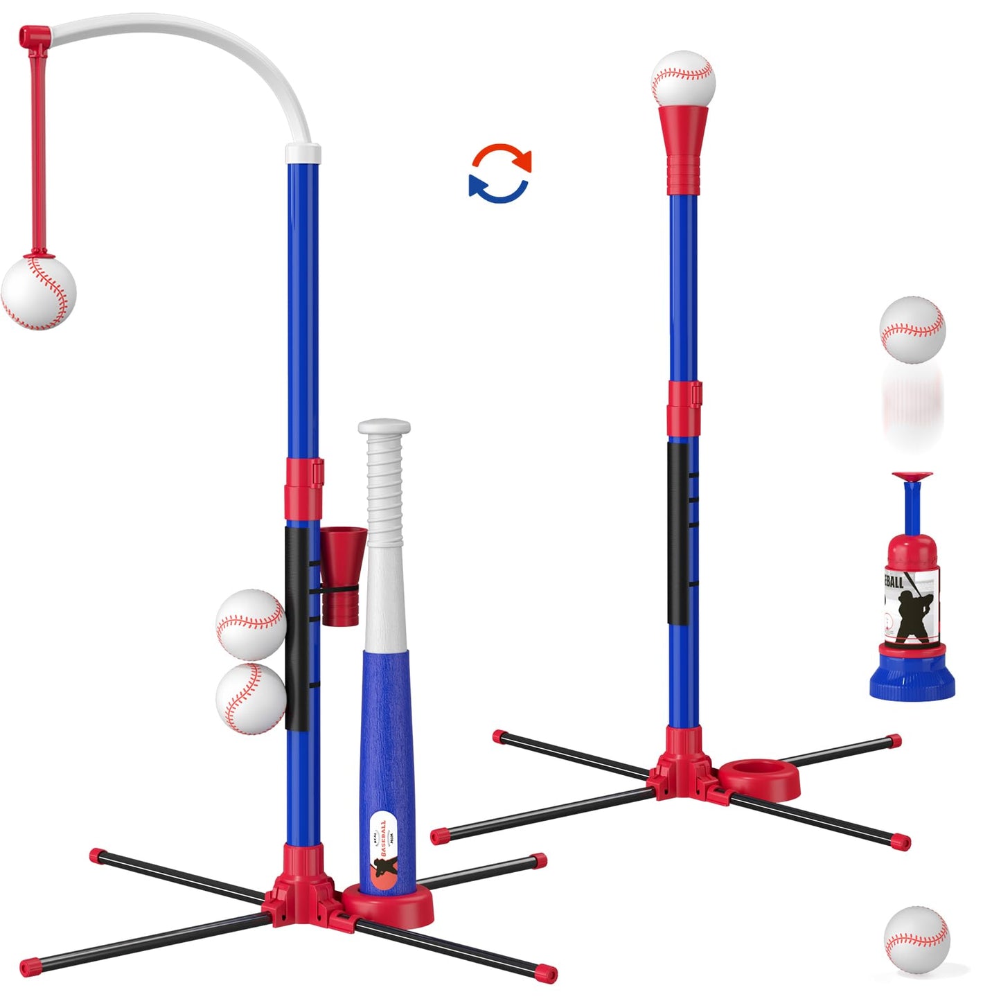 HotHYES 3-in-1 Baseball Set for Kids 3-5 - Tee Ball Stand, Hanging Tee, Ball Launcher and 6 Softballs - Adjustable Height, Indoor/Outdoor Sport Gifts for Boys Girls