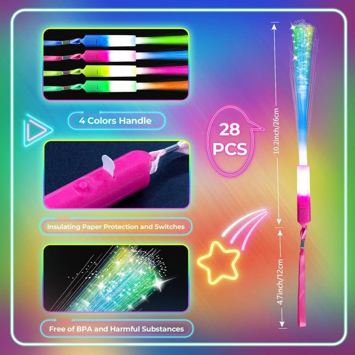 Hot SHQDD 28 PCS Glow Fiber Wands Sticks, LED Light Wands, Glow in The Dark Party Supplies, Fiber Optic Wands, LED Flashing Sticks, Fiber Optic Light Wand Stick for July 4th Party, Wedding, Halloween