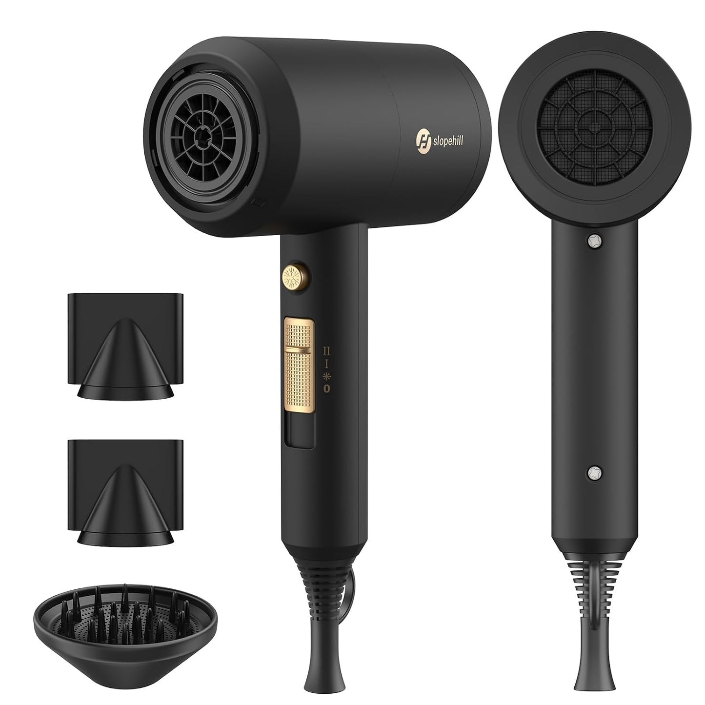 Hotslopehill Professional Ionic Hair Dryer, Powerful 1800W Fast Drying Low Noise Blow Dryer with 2 Concentrator Nozzle 1 Diffuser Attachments for Home Salon Travel (Black)