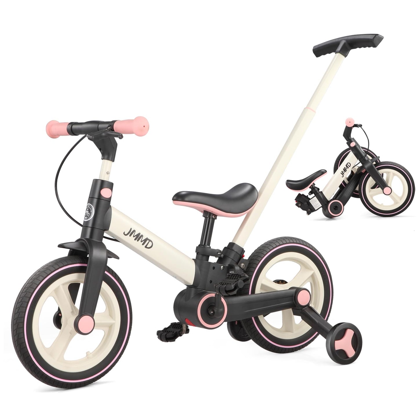 Hot JMMD 6 in 1 Toddler Bike with Push Handle for Kids 18-60 Months, 12" Foldable Balance Bike with Training Wheels, Pedals, Brakes, Kickstand, Push Tricycle Toddler Gift & Toys for Boy & Girl