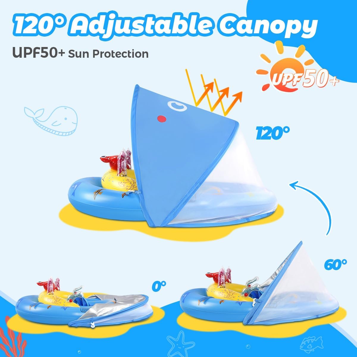 HotLAYCOL Baby Pool Float with Canopy UPF50+, 120°Adjustable Sun Protection and Anti-Tip Safety Seat, Inflatable Toddler Floaties Infant Pool Float with Animal Pool Toys, Baby Beach Essentials for 6-36M