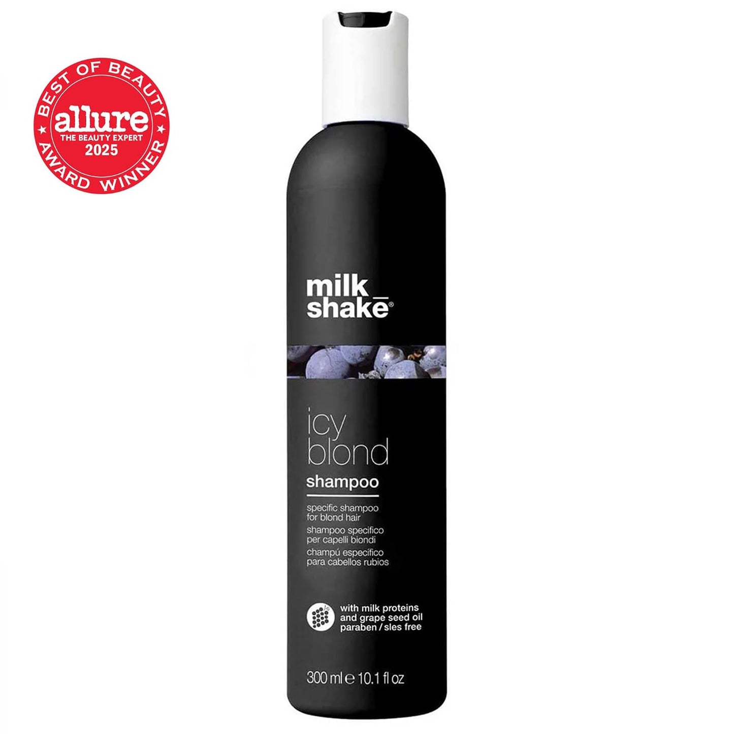 Hotmilk_shake icy blond shampoo award winning shampoo with black pigment to cool brassy tones and enhance platinum blonde hair ideal for maintaining icy, ash-toned color