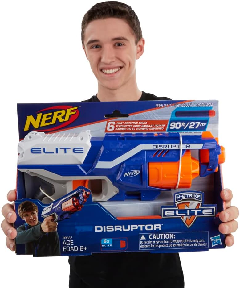 HotNERF Disruptor Elite Blaster - 6-Dart Rotating Drum, Slam Fire, Includes 6 Official Nerf Elite Darts - for Kids, Teens, Adults (Amazon Exclusive)