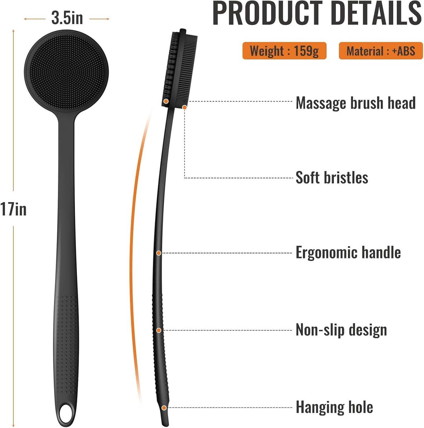 HotSilicone Back Scrubber for Shower, 17in Lengthen Long Handle Body Brush, Double Sided Shower Brush for Shower Exfoliating and Massage Can Produce Rich Foam, Long Handle Back Scrubber for Men