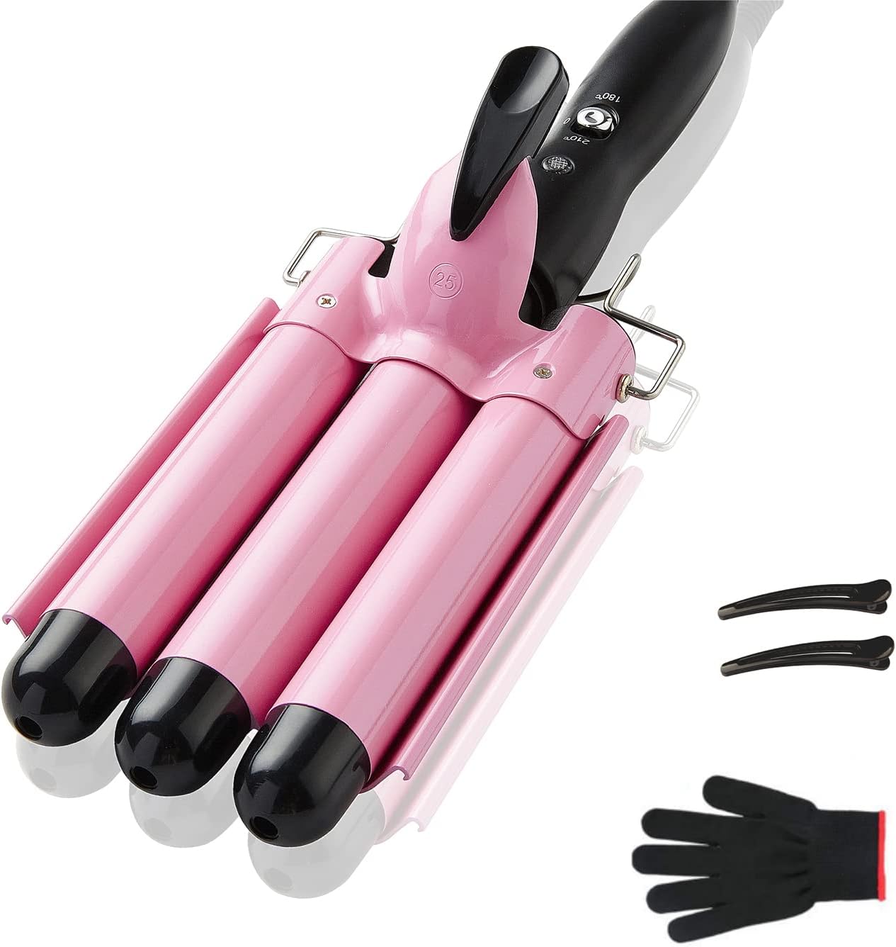 HotTOP4EVER 3 Barrel Curling Iron, 1 inch Crimper Hair Tool,Crimping Waver for Women Beach Waves with Two Temperature Settings, Pink
