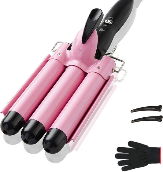 HotTOP4EVER 3 Barrel Curling Iron, 1 inch Crimper Hair Tool,Crimping Waver for Women Beach Waves with Two Temperature Settings, Pink