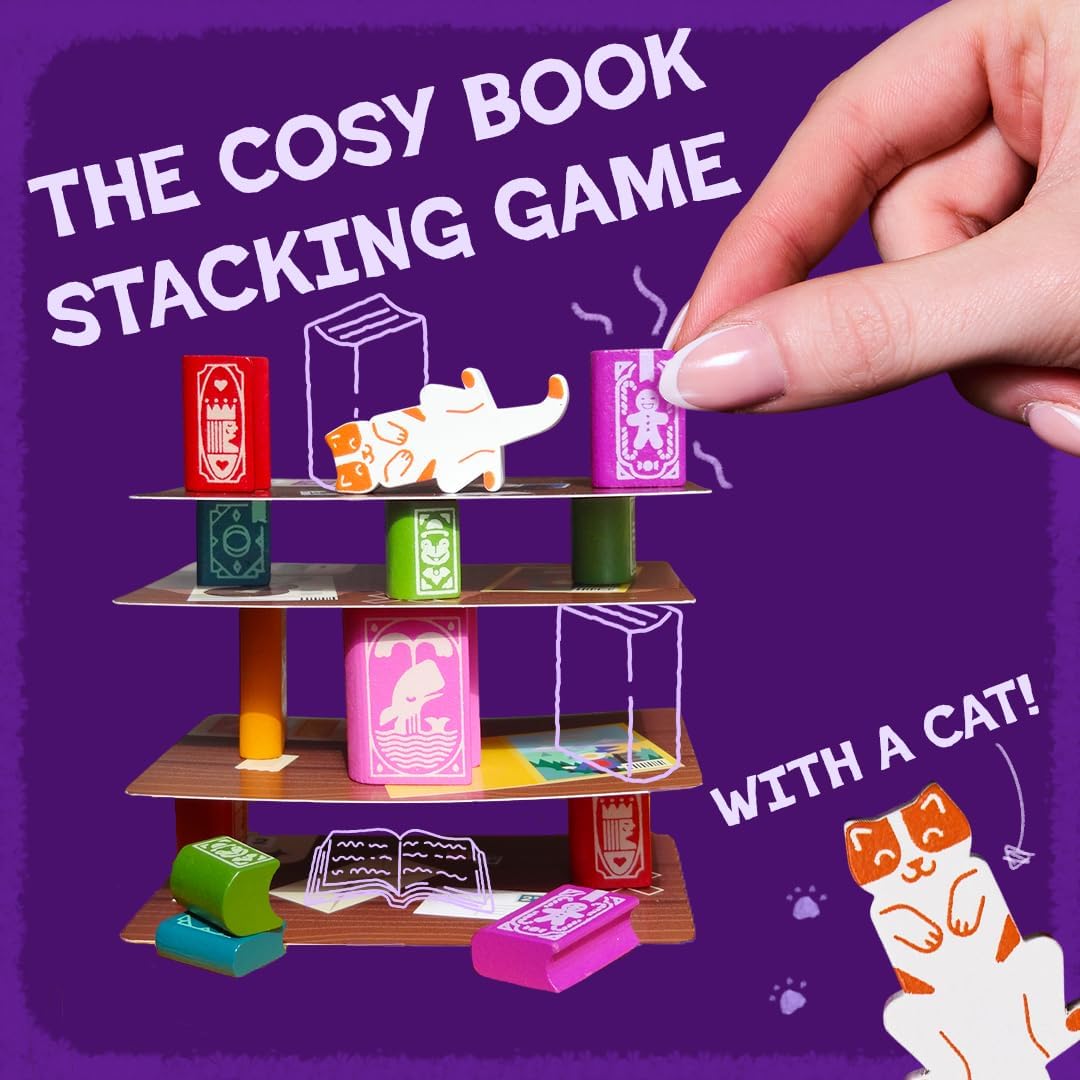 Hot Bookshelf by Alley Cat Games | Ages 8+ | 2-4 Players | Cooperative Stacking Game | Skill & Balance Card and Book Tower Game in Travel Tin | Cooperative Tabletop Challenge