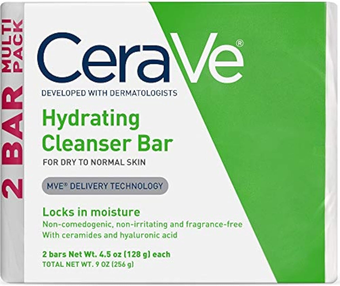 HotCeraVe Hydrating Cleanser Bar, Soap-Free Body and Facial Cleanser with 5% Moisturizing Cream, Fragrance-Free, 2-Pack, 4.5 Ounce Each