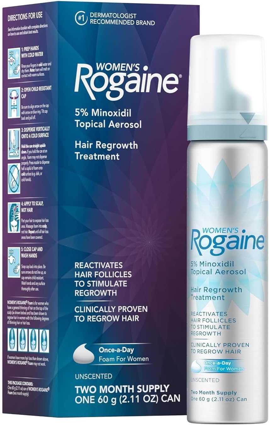 HotRogaine 5% Minoxidil Foam, Topical Once-A-Day Hair Loss Treatment for Women to Regrow Fuller, Thicker Hair, Unscented, 2-Month Supply, 2.11 oz