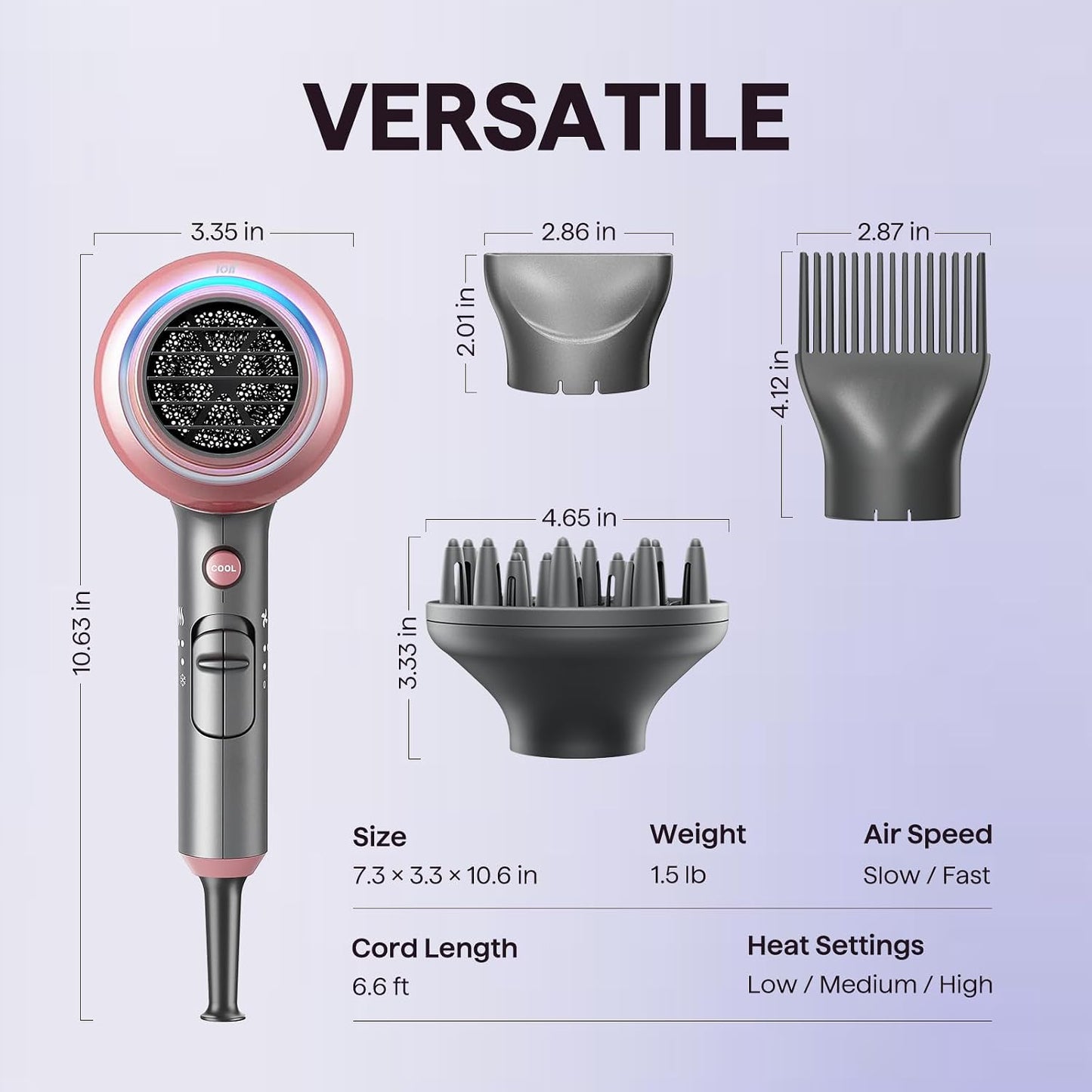 HotWavytalk Hair Dryer, Blown Away Ionic Hair Dryer for Curly Hair with Diffuser, 1875W Fast Drying Blow Dryer with Ceramic Technology, 3 Attachments for All Hair Types, Light and Quiet, Rose Gold