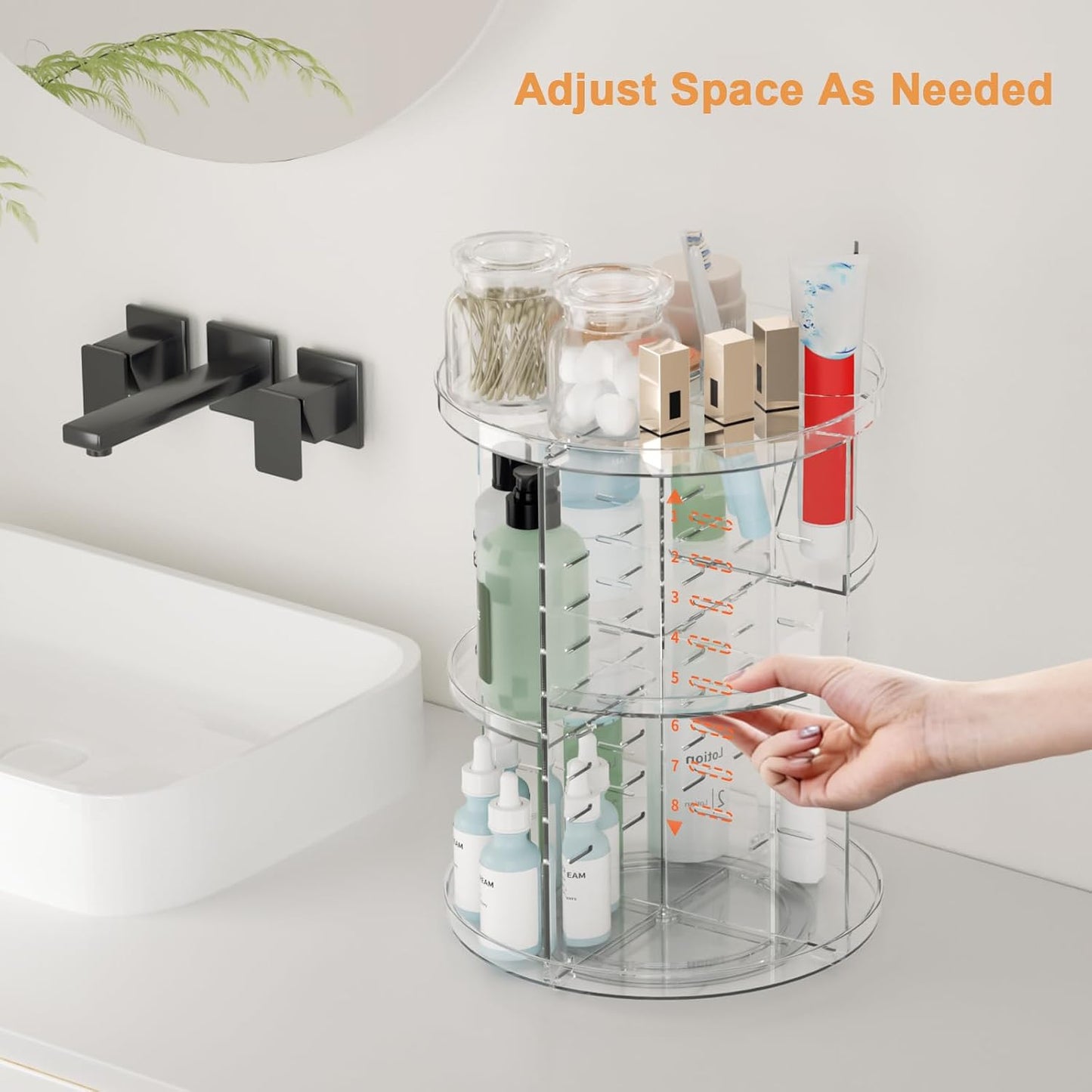 HotRotating Makeup Organizer, DIY 8 Adjustable Layers Spinning Skincare Storage, Cosmetic Display Case with Brush Holder and Perfume Tray, Multi-Function Vanity Bathroom Countertop Organizer Clear