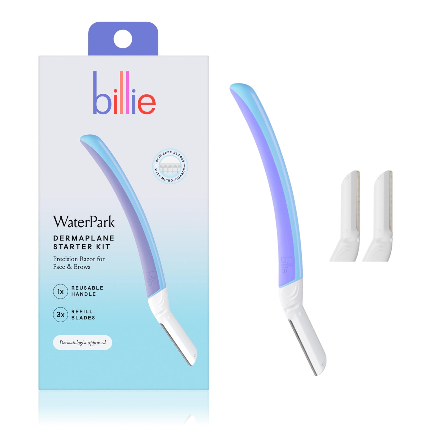 HotBillie - Dermaplane Starter Kit - Reusable Handle + 3 Refill Blades - Remove Facial Hair + Perfectly Shape Brows - Dermatologist-Approved - Malibu