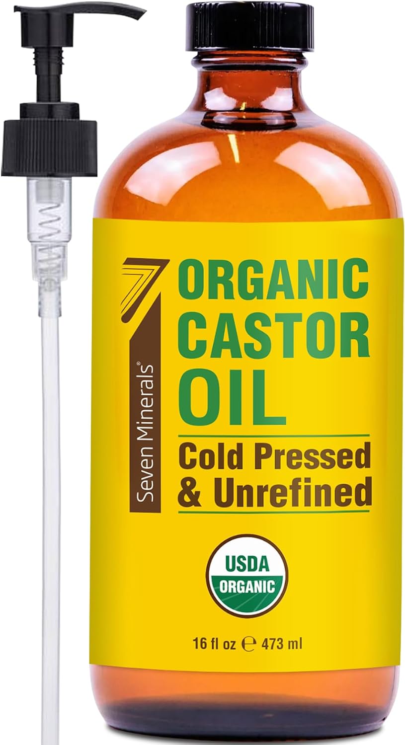 HotSeven Minerals USDA Organic Castor Oil - Big 16 oz Glass Bottle with Pump - 100% Pure Cold Pressed Unrefined Hexane Free - for Hair Growth, Eyelashes, Eyebrows, Skin, Cuticles & Caster Oil Packs