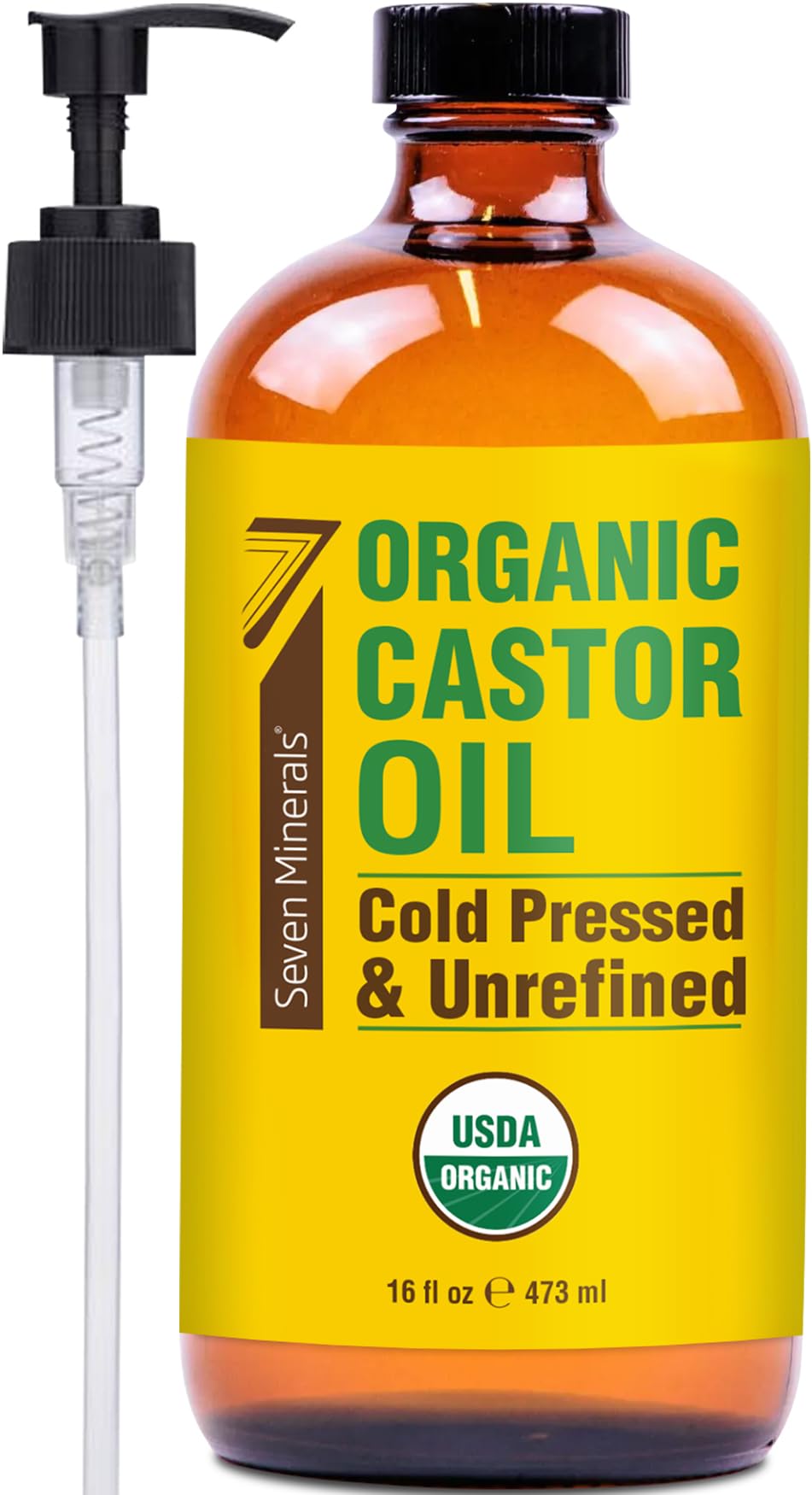 HotSeven Minerals USDA Organic Castor Oil - Big 16 oz Glass Bottle with Pump - 100% Pure Cold Pressed Unrefined Hexane Free - for Hair Growth, Eyelashes, Eyebrows, Skin, Cuticles & Caster Oil Packs