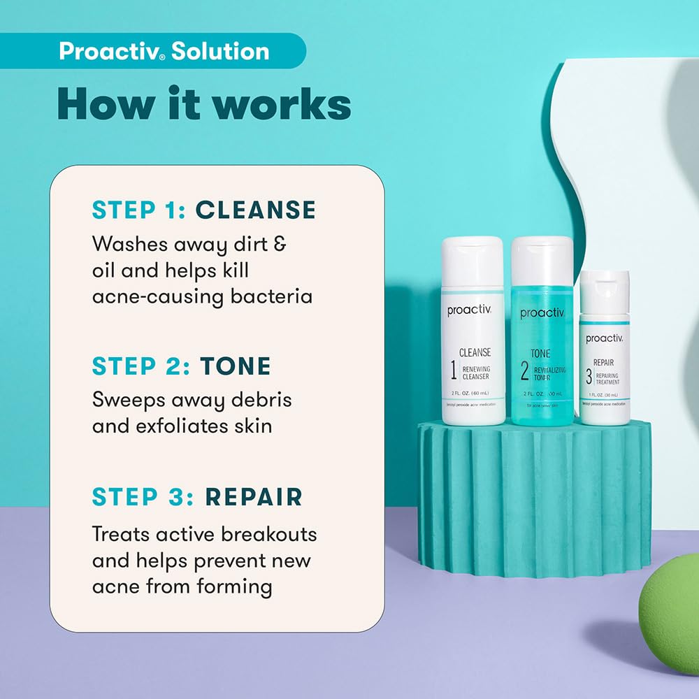 HotProactiv 3 Step Acne Treatment - Benzoyl Peroxide Face Wash, Repairing Acne Spot Treatment for Face and Body, Exfoliating Toner - 30 Day Complete Acne Skin Care Kit