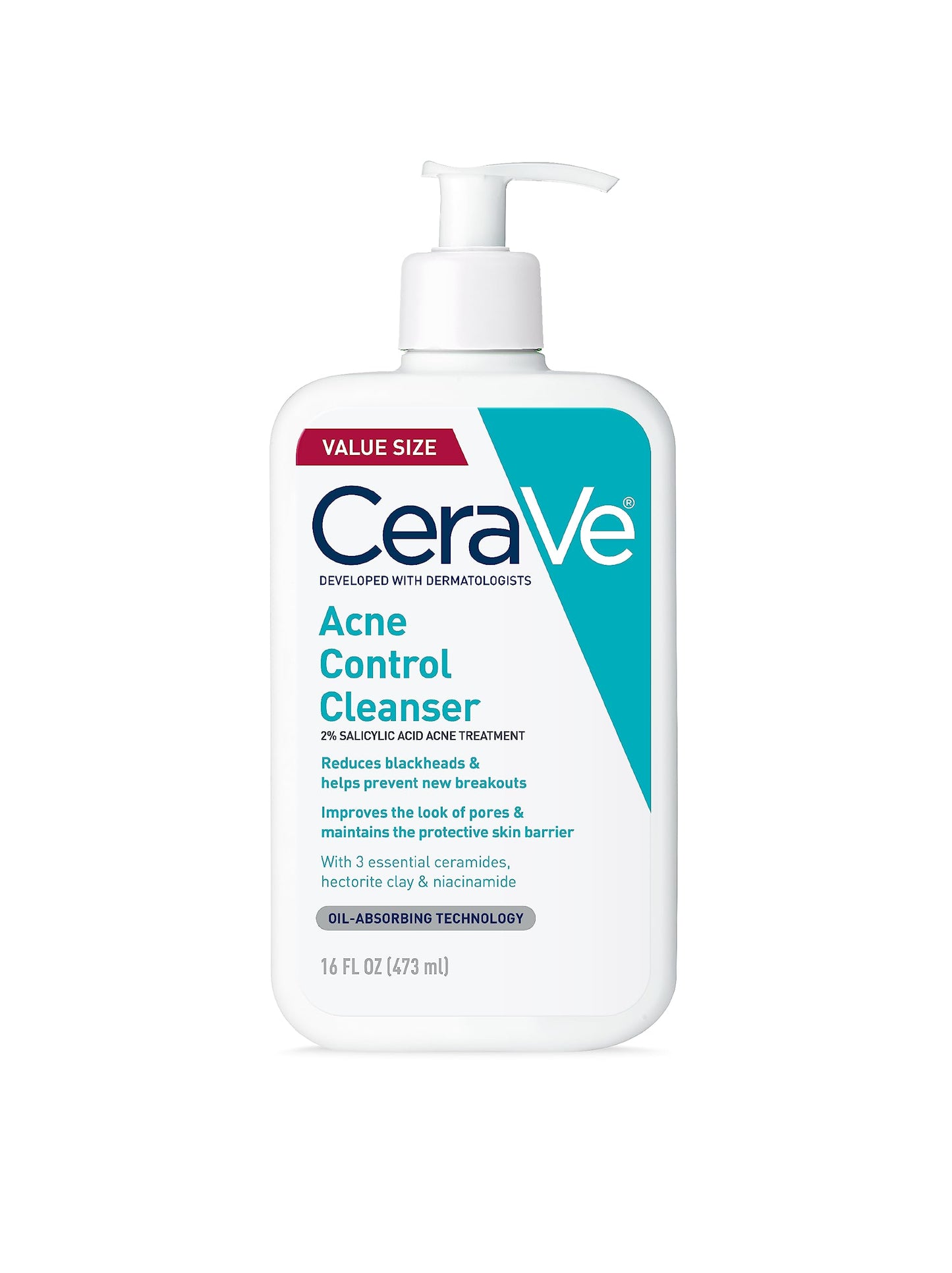 HotCeraVe Acne Control Cleanser, 2% Salicylic Acid Treatment Formulated With Niacinamide + Ceramides + Oil Absorbing Clay, Gentle Face Wash Helps Clear & Prevent Acne, Fragrance Free, 16 Ounce