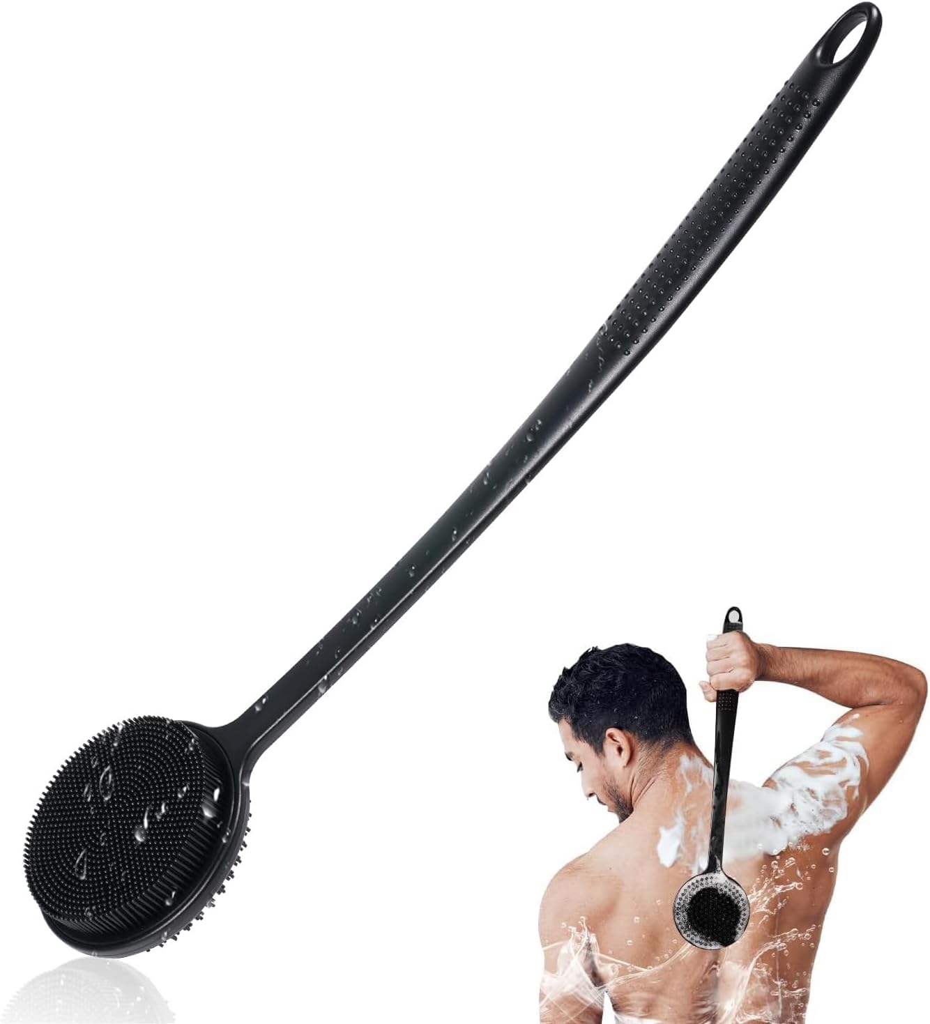 HotSilicone Back Scrubber for Shower, 17in Lengthen Long Handle Body Brush, Double Sided Shower Brush for Shower Exfoliating and Massage Can Produce Rich Foam, Long Handle Back Scrubber for Men