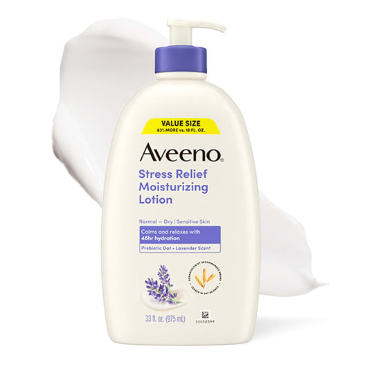 HotAveeno Stress Relief Moisturizing Body Lotion, Lavender Scent with Prebiotic Oat for Sensitive Skin, Lightly Scented Lotion with 48-Hour Hydration, Fast Absorbing, Non-Greasy, Value Size 33 Fl Oz