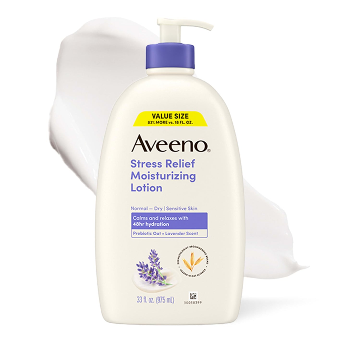 HotAveeno Stress Relief Moisturizing Body Lotion, Lavender Scent with Prebiotic Oat for Sensitive Skin, Lightly Scented Lotion with 48-Hour Hydration, Fast Absorbing, Non-Greasy, Value Size 33 Fl Oz