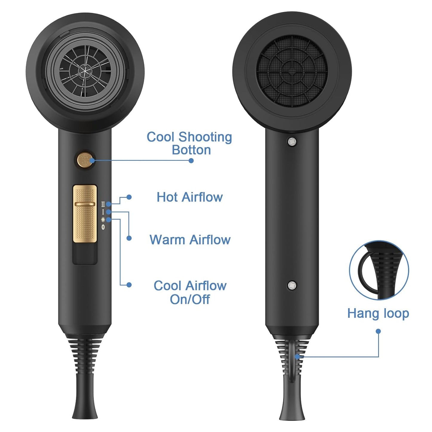Hotslopehill Professional Ionic Hair Dryer, Powerful 1800W Fast Drying Low Noise Blow Dryer with 2 Concentrator Nozzle 1 Diffuser Attachments for Home Salon Travel (Black)