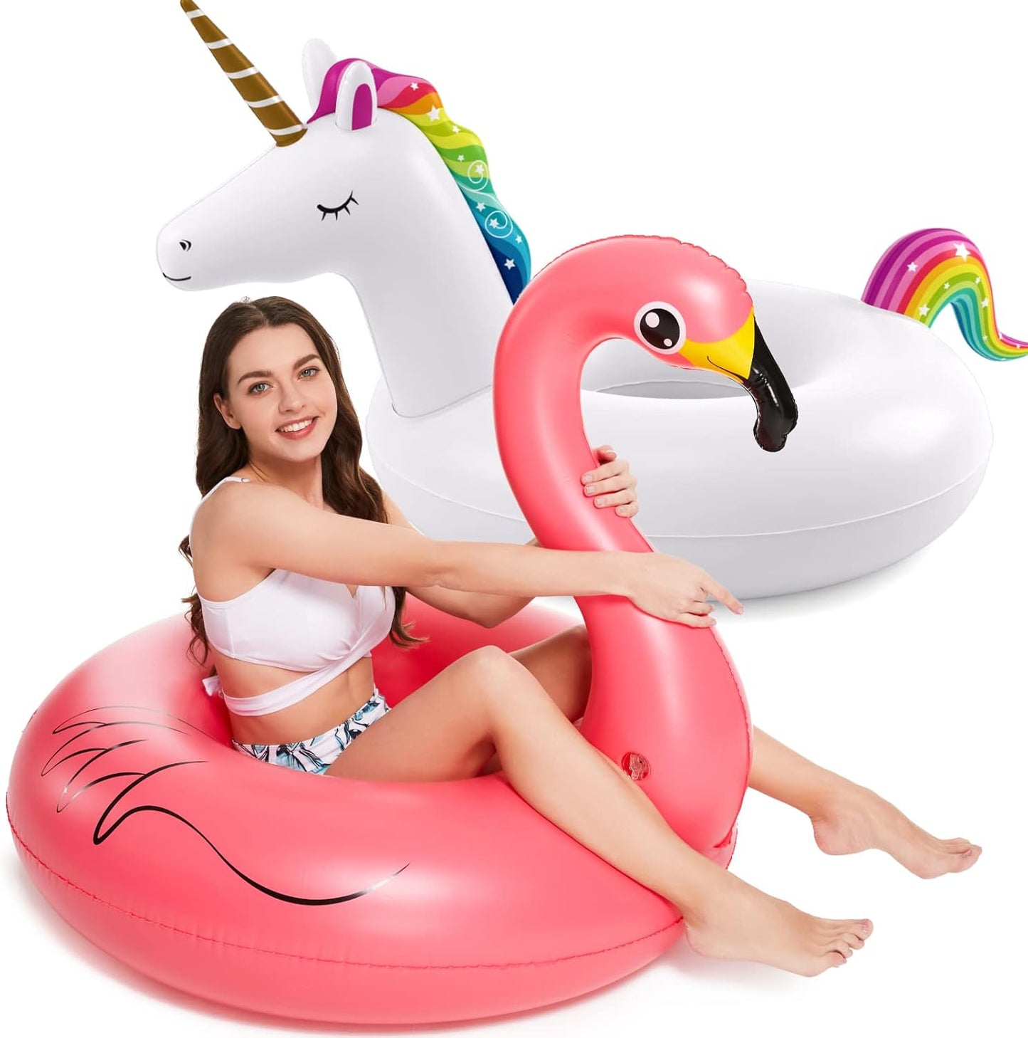 HotJasonwell 2 Pack Unicorn Flamingo Pool Floaties - Inflatables Rafts for Swimming, Lake, Beach - Floaty Swim Rings for Adults, Kids