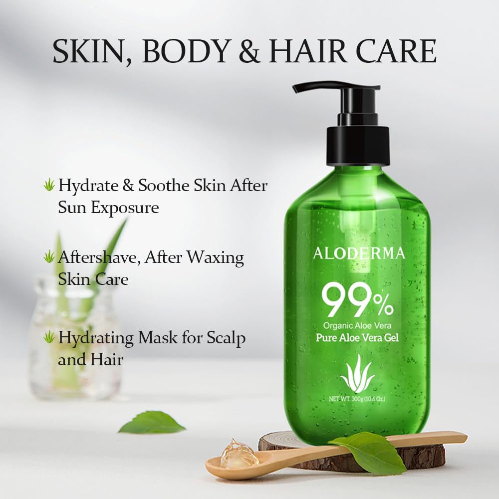 HotAloderma Aloe Vera Gel Made within 12 Hours of Harvest with 99% Pure Organic Aloe Vera - Pump Bottle - Ideal for Face and Body, Soothing & Hydrating Sunburn Relief, Great for Scalp & Hair - 10.6oz