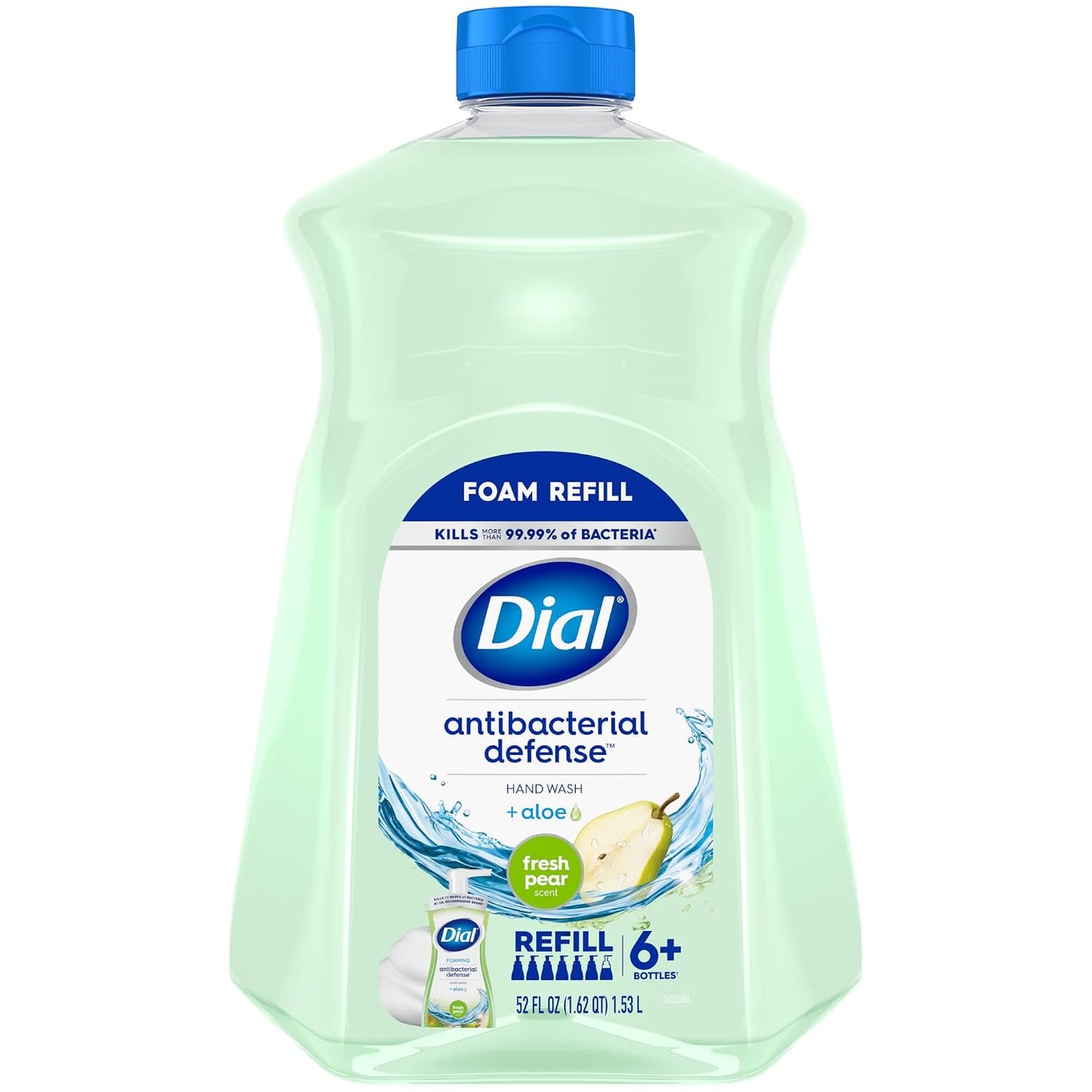 HotDial Antibacterial Defense Foaming Hand Soap + Aloe, Fresh Pear Scent, 52 Fl Oz Hand Soap Refill, Dermatologist-Tested, Gentle on Skin