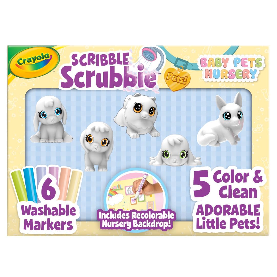 HotCrayola Scribble Scrubbies Glam Pack (4 Pets), Washable Pet Care Toy & Coloring Animal Craft Kit, Gift for Kids, Playset for Girls & Boys, Ages 3+