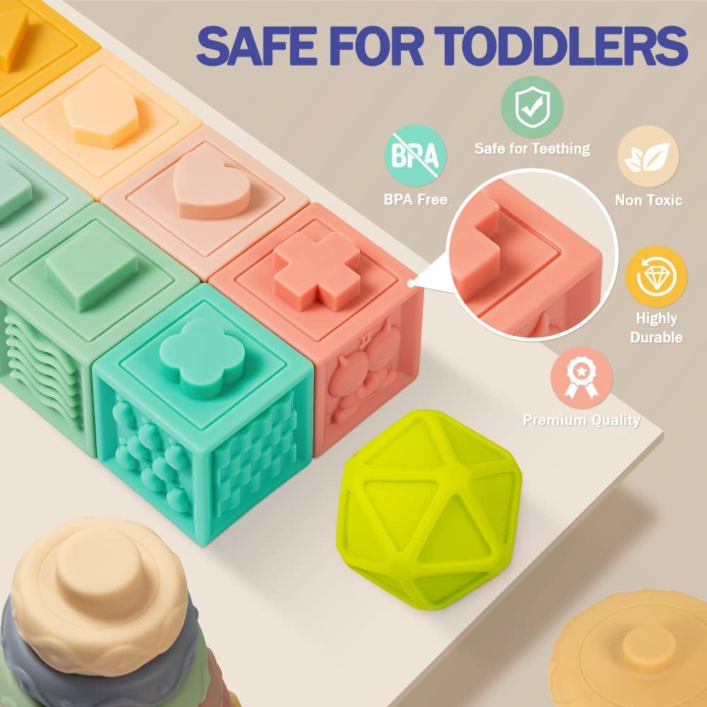 HotJyusmile Baby Toys 6-12 Months, Montessori Toy for Babies 6-12 Months, Incl Stacking Building Blocks & Soft Infant Teething Toys & Sensory Balls for Toddlers 0-3-6-9-12 Month