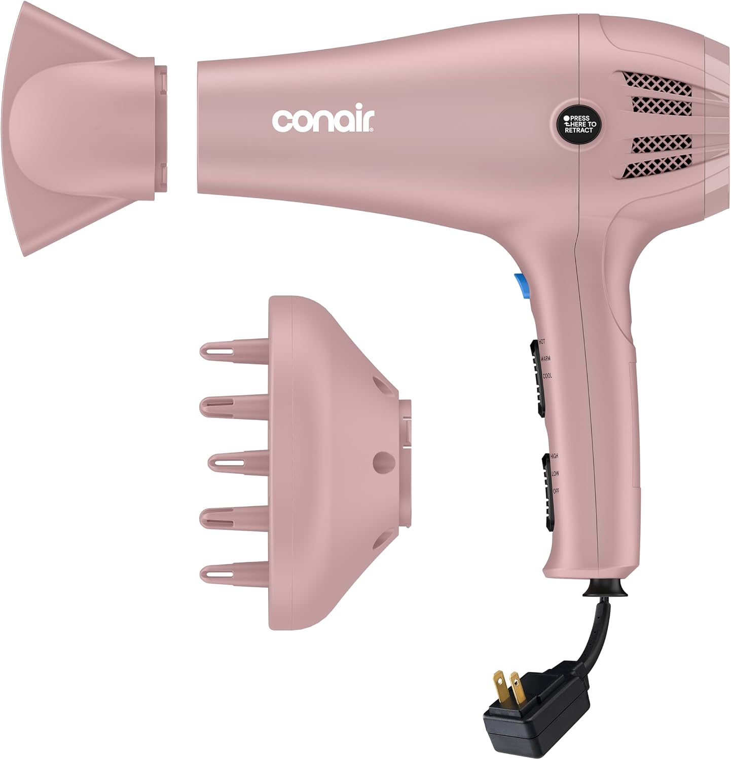 HotConair Hair Dryer with Diffuser & Concentrator, 1875W, Matte Light Pink | Blow dryer with ionic tourmaline technology, 3 heat settings, and 2 speed options to efficiently style all hair types