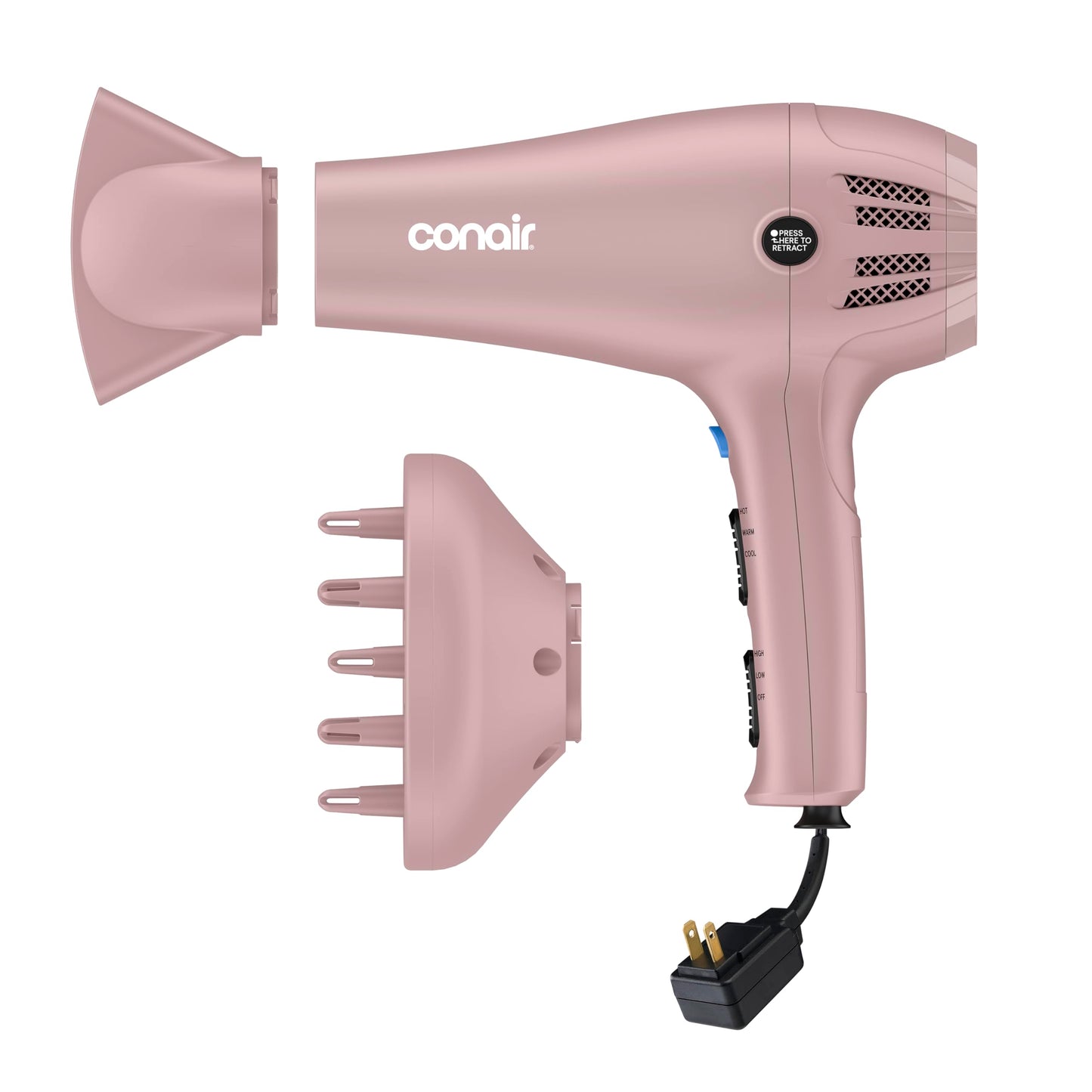 HotConair Hair Dryer with Diffuser & Concentrator, 1875W, Matte Light Pink | Blow dryer with ionic tourmaline technology, 3 heat settings, and 2 speed options to efficiently style all hair types