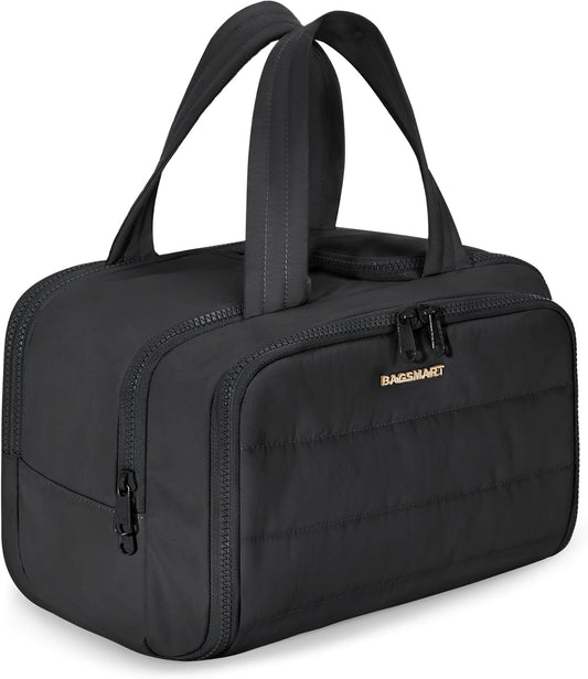 HotBAGSMART Travel Toiletry Bag, Lightweight Large Wide-open Travel Bag for Women, Puffy Cosmetic Makeup Bag Organizer with Handle for Accessories,Essentials, Toiletries, Black