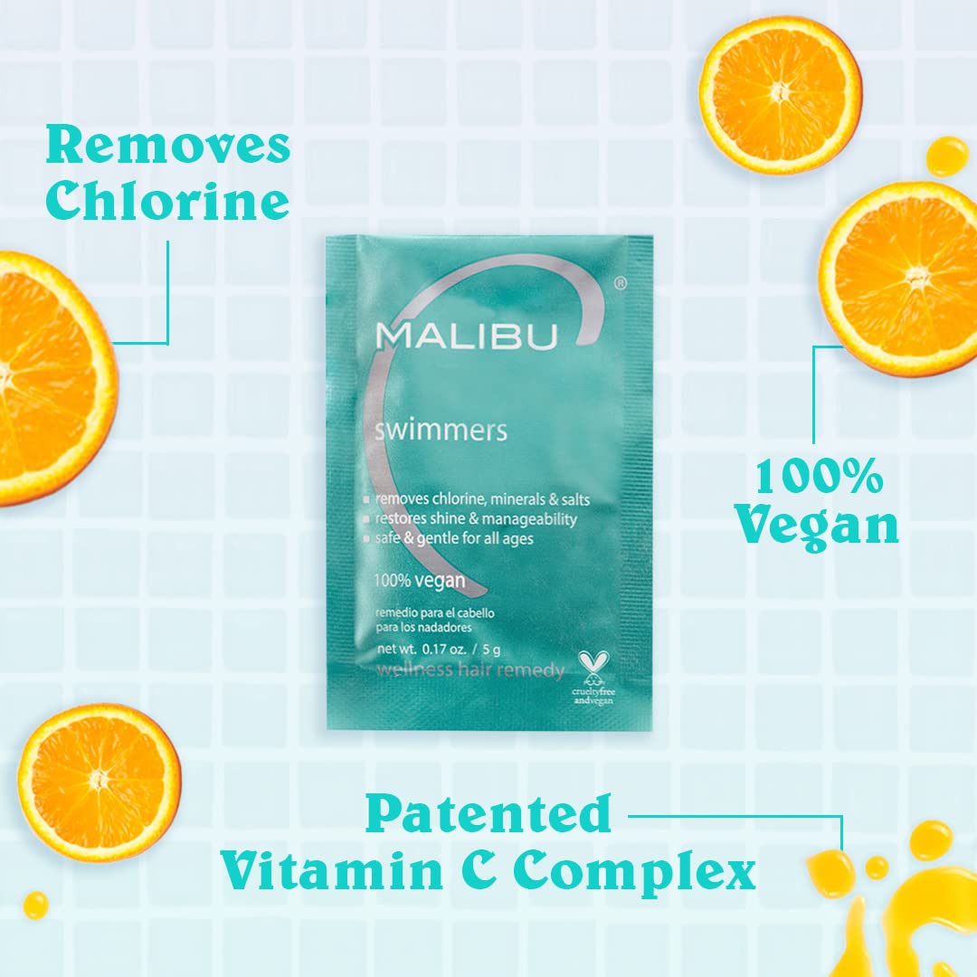 HotMalibu C Swimmers Wellness Remedy & After Pool Hair Care - Restoring & Hydrating Swim Treatment with Vitamin C Complex - Protects Against Discoloration from Chlorine, Salt Water & Build Up (3 Packets)