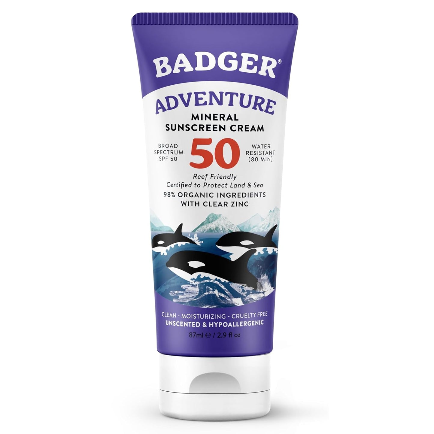 HotBadger Reef Safe Mineral Sunscreen, SPF 50, 98% Organic with Zinc Oxide, Non Toxic, Water Resistant, Unscented & Hypoallergenic, Broad - Spectrum, For Adventure & Sport, 2.9 fl oz