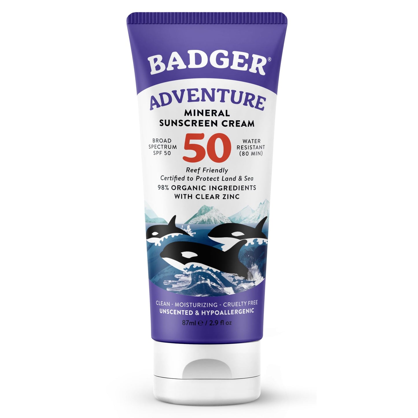 HotBadger Reef Safe Mineral Sunscreen, SPF 50, 98% Organic with Zinc Oxide, Non Toxic, Water Resistant, Unscented & Hypoallergenic, Broad - Spectrum, For Adventure & Sport, 2.9 fl oz
