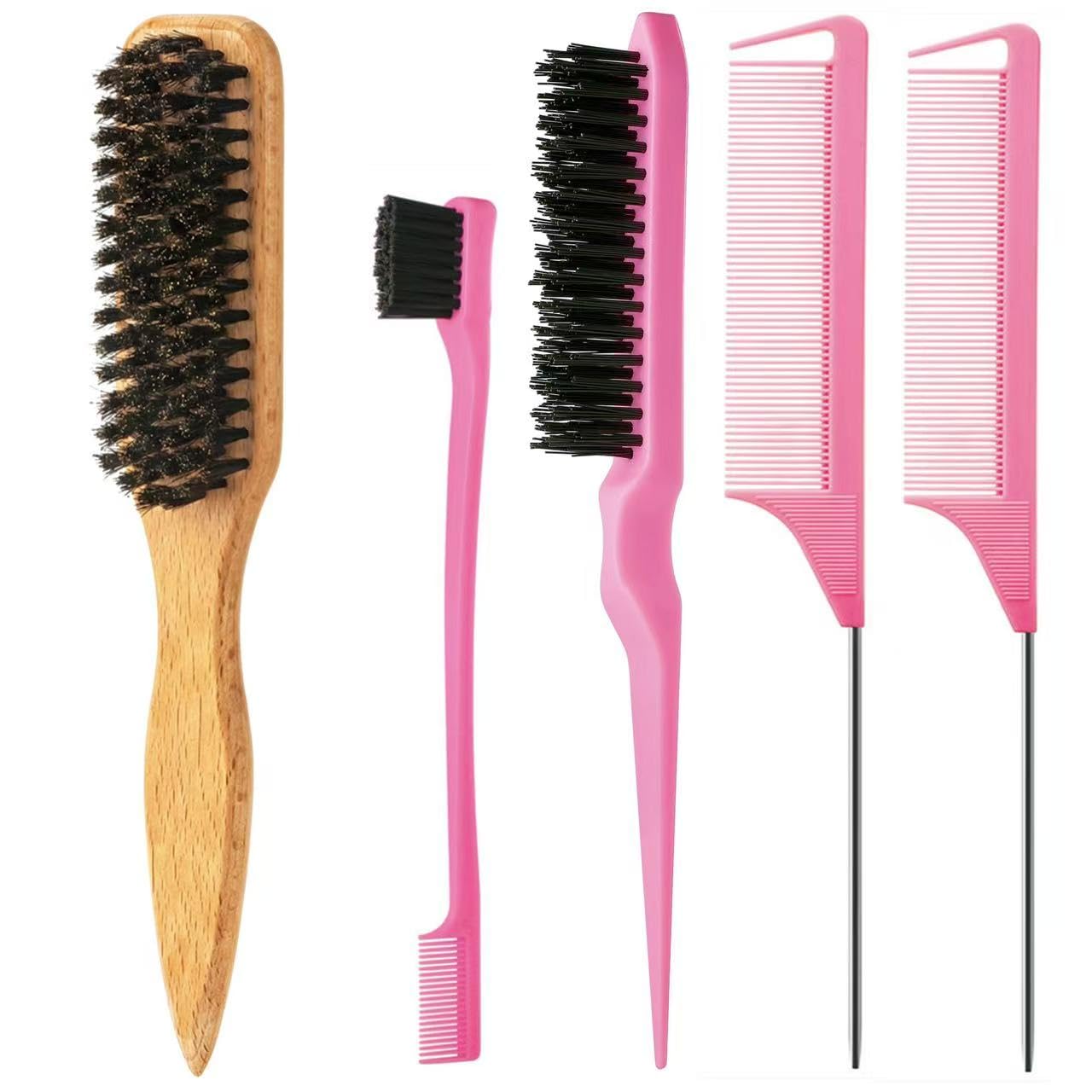 HotZVOREI 8Pcs Hair Brushes Set with 4Pcs Topsy Hair Tail Tools 1Pcs Bristle Teasing Hair Brush 1Pcs Edge Control Brush 2Pcs Metal Pin Rat Tail Combs for Woman Girl Hair Styling,Edge&Back Brushing,Pink