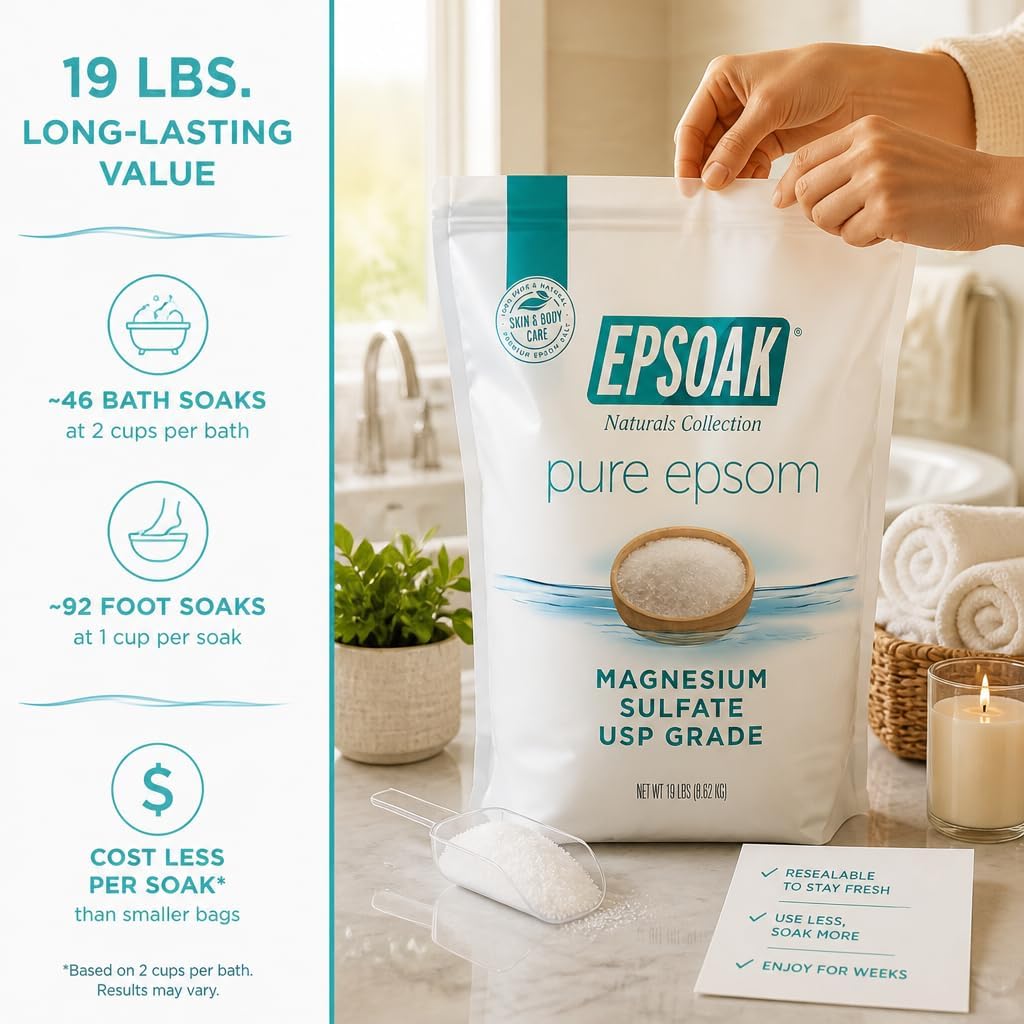 HotEpsoak Epsom Salt 19 lb. Magnesium Sulfate USP. Resealable Epsom Salt Bag Unscented, Made in The USA, Cruelty-Free Certified