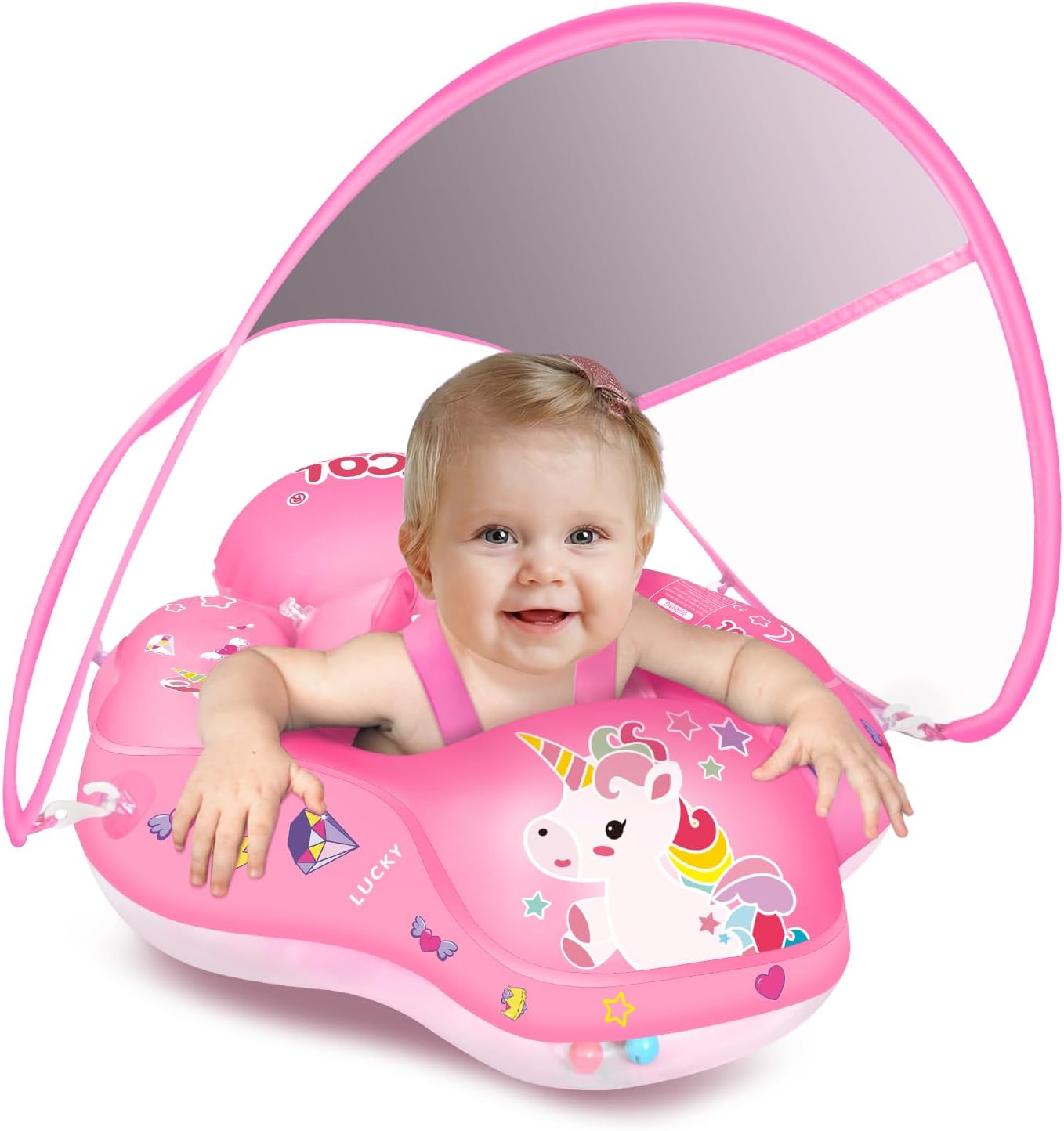 HotBaby Pool Float with Canopy UPF50+ Sun Protection, no flip Over Inflatable Baby Float for Baby 3-36 Months, Skin Protect Toddler floaties for Boys and Girls