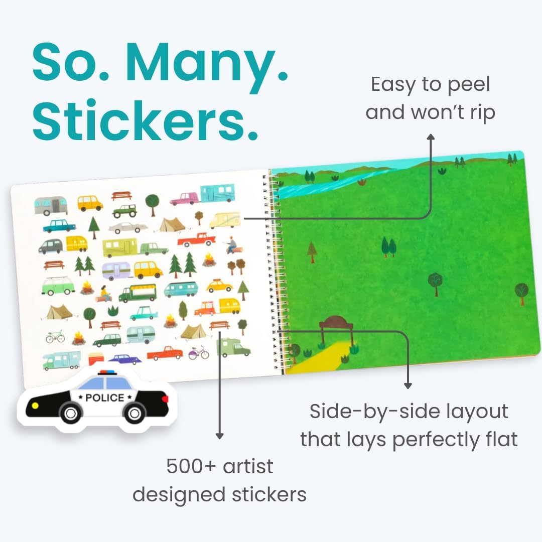 HotCars, Trucks, Planes & Trains 500+ Kids Sticker Book by Cupkin Fun Toddler Travel Activity Coloring and Sticker Book, Road Trip Essentials, 12 Coloring Pages + Scenes for Ages 2–8 Years