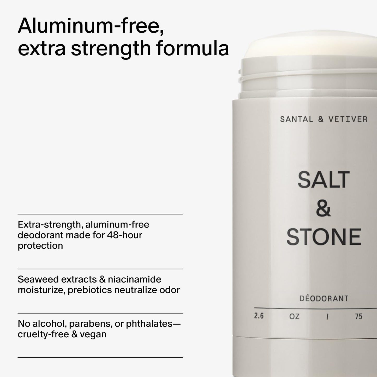 HotSalt & Stone Aluminum-Free Deodorant, Women & Men Santal & Vetiver 2.6 oz | Extra Strength 48 Hour Protection, Gender Neutral Scent, Made with Niacinamide, Spirulina, Magnesium & Antioxidants